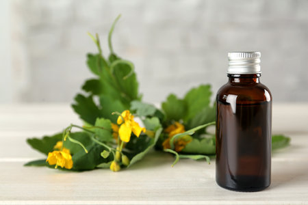 Bottle of celandine tincture and plant on white wooden table, space for textの写真素材