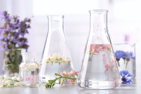 Laboratory glassware with different flowers on light table. essential oil extractionの写真素材