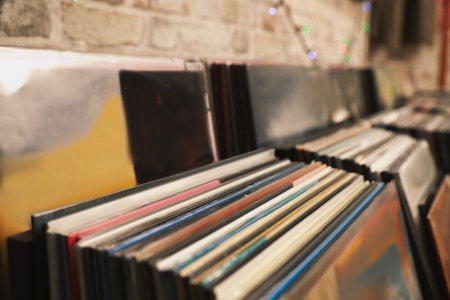 Many different vinyl records in storeの写真素材