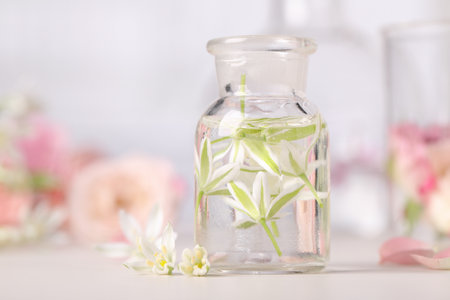 Apothecary bottle with ornithogalum flowers on white table. essential oil extractionの写真素材