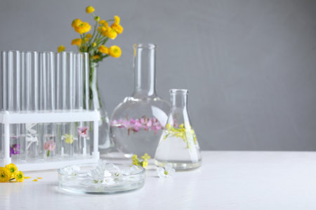 Laboratory glassware with flowers on white wooden table. Extracting essential oils for perfumery and cosmeticsの写真素材