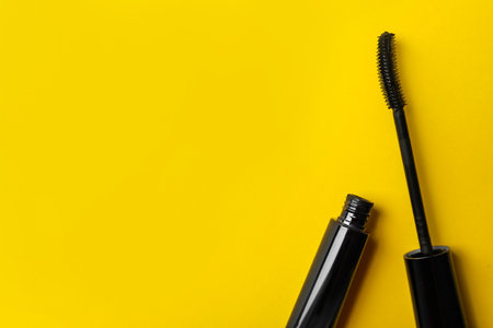 Mascara on yellow background, flat lay with space for text. makeup productの写真素材