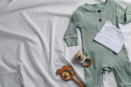 Flat lay composition with cute baby clothes and accessories on white bedsheet, space for textの写真素材