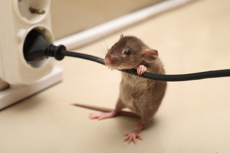 Small brown rat with electric wire near socket on floorの写真素材