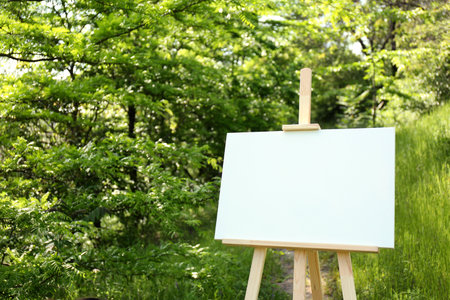 Wooden easel with blank canvas in picturesque countrysideの写真素材