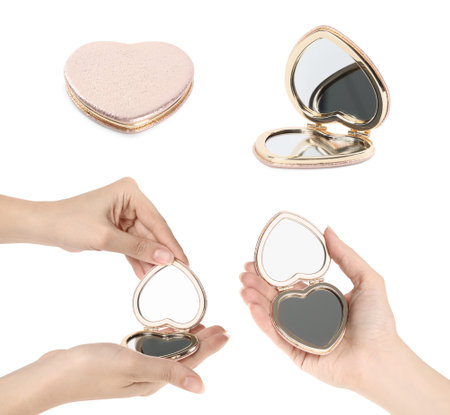 Collage with photos of women holding pocket mirrors on white background, closeupの写真素材