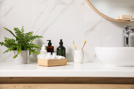 Beautiful green fern and toiletries on countertop in bathroomの写真素材