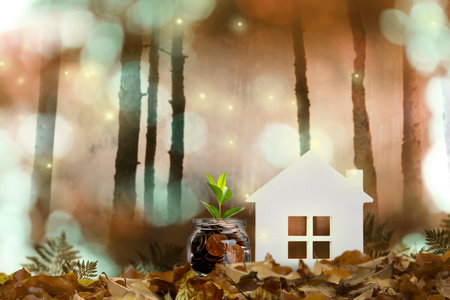 Eco friendly home. House model and jar with coins in forestの写真素材