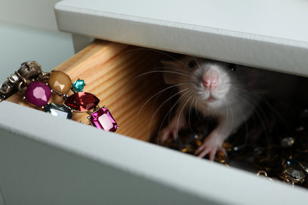 Cute small rat with jewelry in chest of drawers, closeupの写真素材