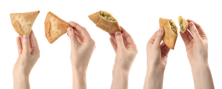 Women holding fresh delicious crispy samosas on white background, closeup. Collageの写真素材