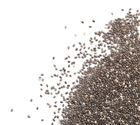 Pile of chia seeds on white background, top viewの写真素材