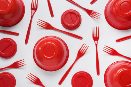 Plastic dishware on white background, flat layの写真素材