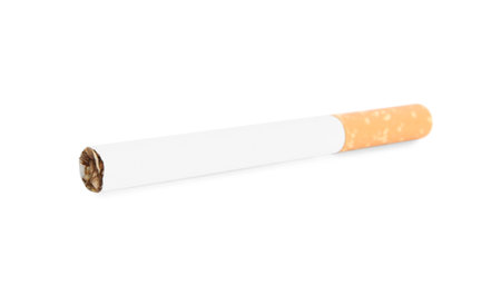 Cigarette with orange filter isolated on whiteの写真素材