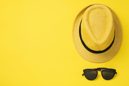 Hat and sunglasses on yellow background, flat lay with space for text. sun protectionの写真素材