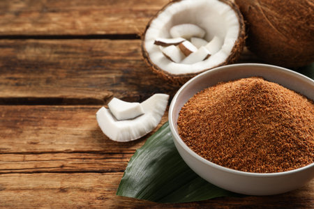 Natural coconut sugar in bowl on wooden table, space for textの写真素材
