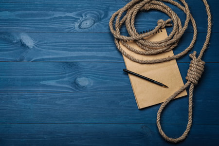 Rope noose and blank notebook with pen on blue wooden table, flat lay. Space for textの写真素材