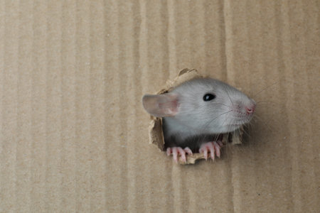 Cute rat looking through hole in cardboard sheet. Space for textの写真素材