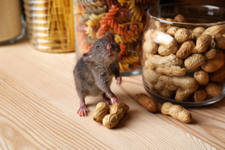 Small brown rat looking for food on wooden shelfの写真素材
