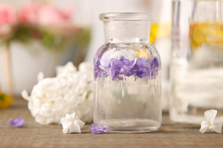 Apothecary bottle with flowers on wooden table in laboratory, closeup. Extracting essential oils for perfumery and cosmeticsの写真素材