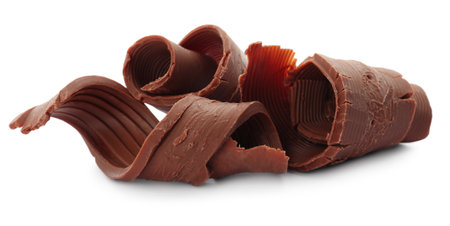 Yummy chocolate curls for decor on white backgroundの写真素材