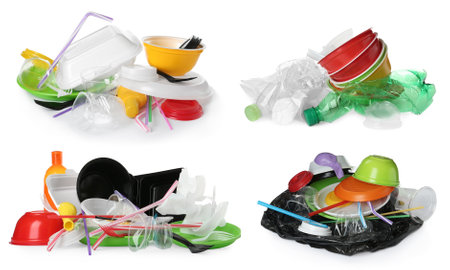 Set with different plastic items on white background. banner designの写真素材
