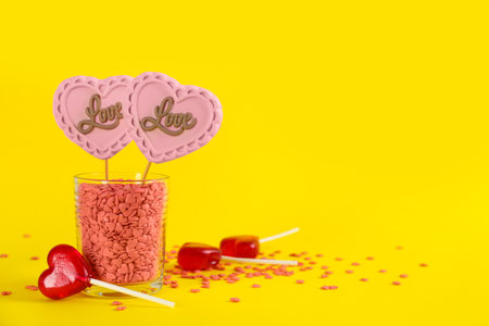 Heart shaped lollipops made of chocolate and sugar syrup with sprinkles on yellow background. Space for textの写真素材