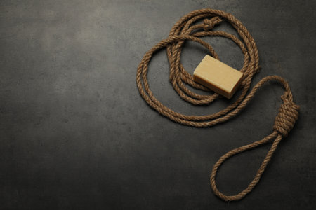 Rope noose and soap bar on gray table, flat lay. Space for textの写真素材