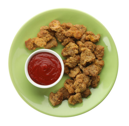 Delicious cooked soy meat with sauce on white background, top viewの写真素材