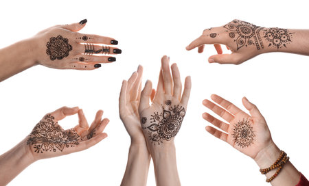 Closeup view of women with henna tattoo on hands against white background, collage. traditional mehndi ornamentの写真素材