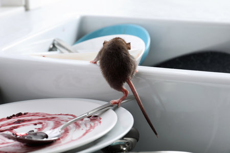 Rat and dirty dishes in the kitchen sink. pest controlの写真素材