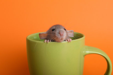 Cute small rat in green ceramic cup on orange background, closeupの写真素材