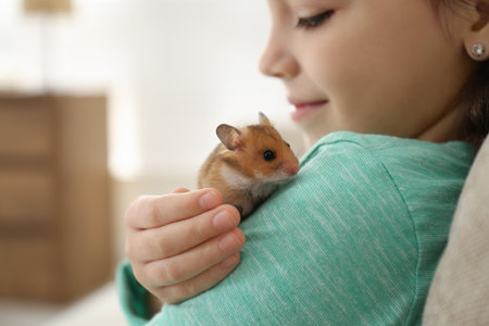 Little girl holding cute hamster at home, closeupの写真素材