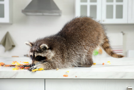 Cute mischievous raccoon playing with uncooked pasta on kitchen tableの写真素材