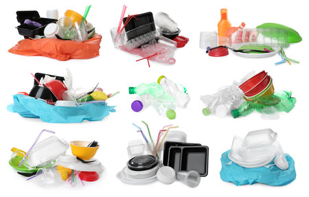 Set with different plastic items on white backgroundの写真素材