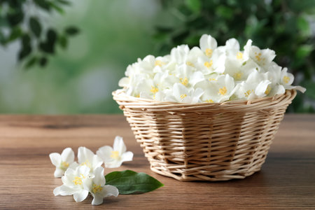 Wicker bowl with beautiful jasmine flowers on wooden table. Space for textの写真素材