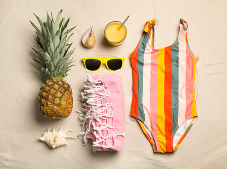 Flat lay composition with beach objects on sandの写真素材