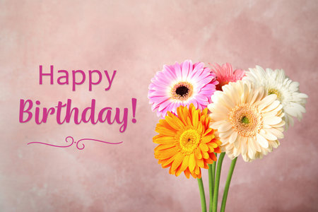 Happy Birthday! Bouquet of beautiful bright gerbera flowers on pink backgroundの写真素材