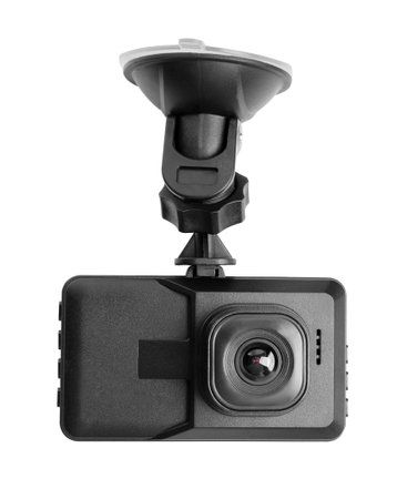 Modern car dashboard camera with suction mount isolated on whiteの写真素材