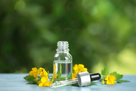 Bottle of natural celandine oil near flowers on light blue wooden table outdoorsの写真素材