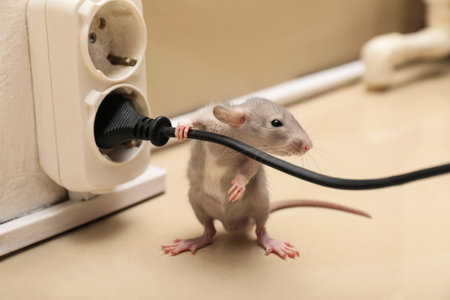 Small grey rat with electric wire near socket on floorの写真素材