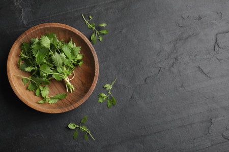 Fresh stinging nettle leaves on black table, flat lay. Space for textの写真素材