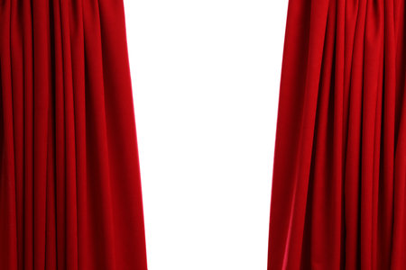 Open elegant red front curtains on white backgroundの写真素材