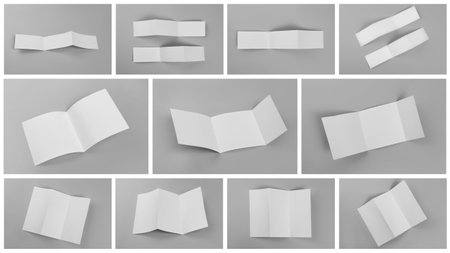 Open blank brochures on grey background, collage. Banner designの写真素材