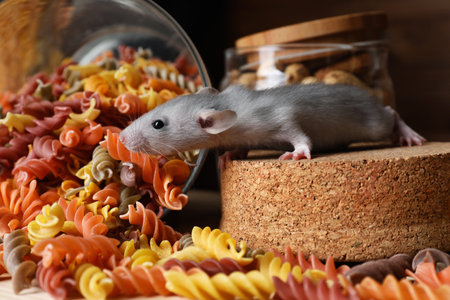 Small grey rat looking for food near jarsの写真素材
