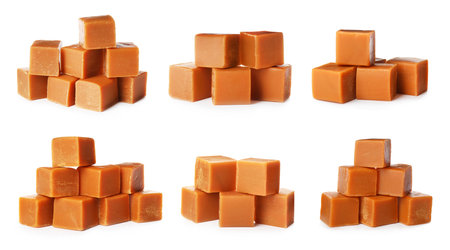 Set with delicious caramel candies on white background. Banner designの写真素材