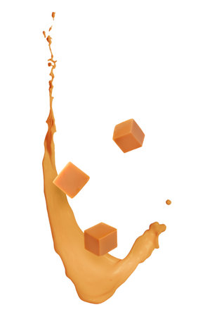 Delicious caramel cubes and sauce flying on white backgroundの写真素材