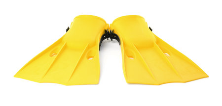 Pair of yellow flippers on white backgroundの写真素材