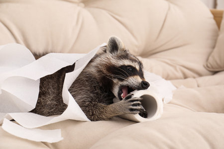 Cute mischievous raccoon playing with toilet paper on sofaの写真素材