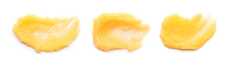 Set with smears of body scrub on white background. Banner design