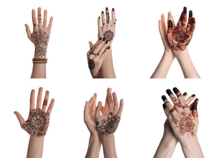 Closeup view of women with henna tattoo on hands against white background, collage. traditional mehndi ornamentの写真素材